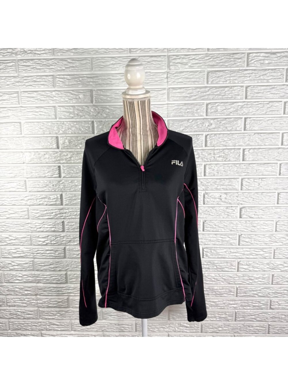 FILA Sport Black Long Sleeve Quarter Zip Athletic Pullover Contrast Piping XL